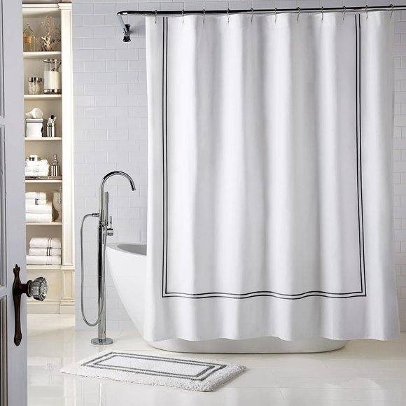 New  WHITE Wamsutta CHARCOAL Baratta Stitch 72" x 72" 100% Cotton Shower Curtain - Picture 1 of 4